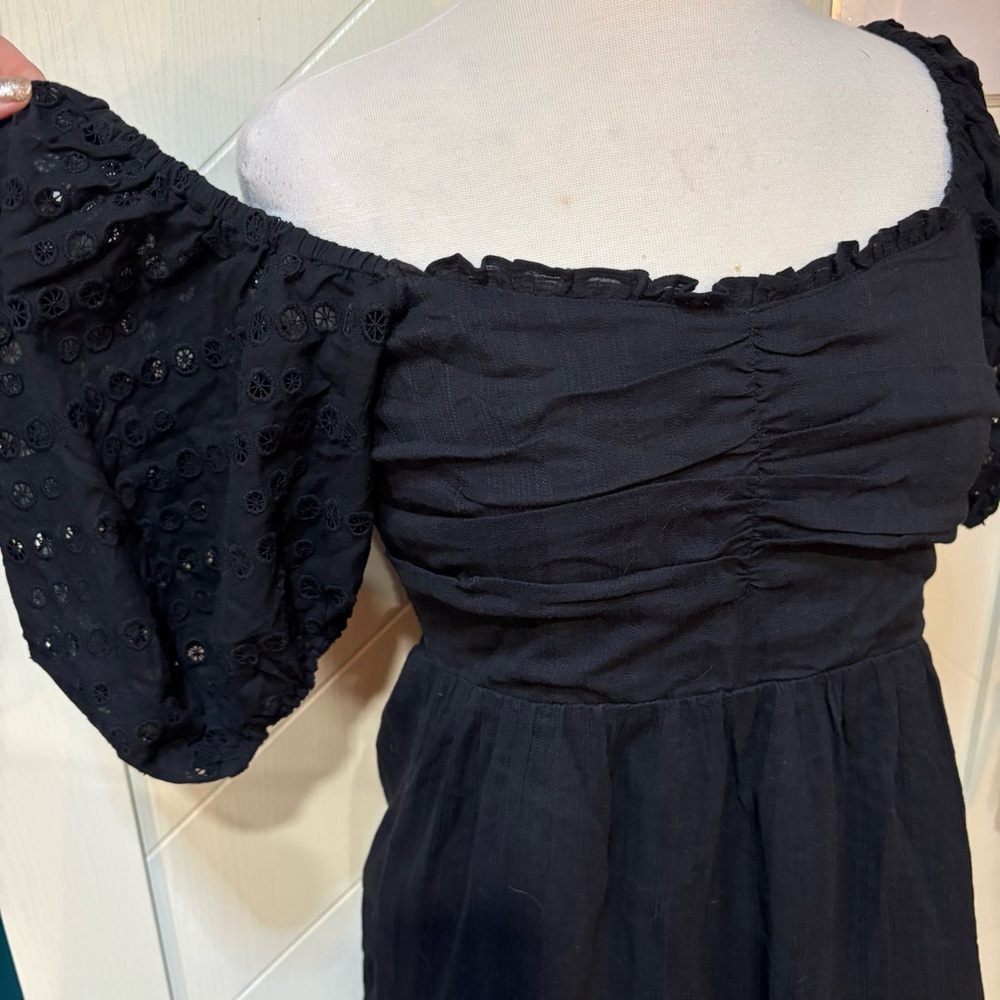 Black eyelet puff-sleeve cottagecore mini dress | romantic vintage Small - Picture 4 of 6